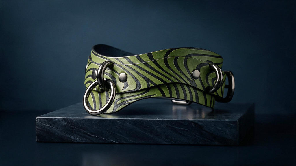 A zebra-striped leather collar with metal rings and buckles is displayed on a black marble pedestal against a dark background.