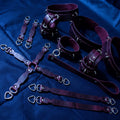 a collection of leather straps and restraints arranged on a blue background.