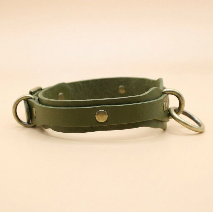 A green leather collar with metal rings and buckles.