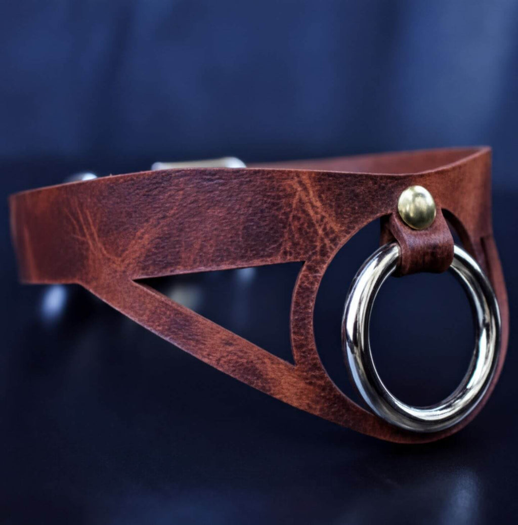 A close-up view of a brown leather choker necklace with a metal ring and a metal loop.