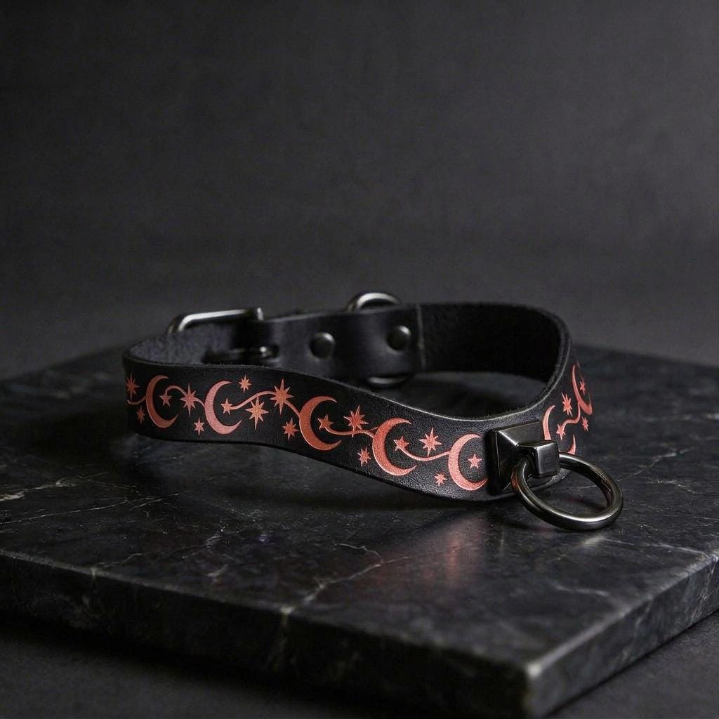 A black leather collar with a metallic ring and a decorative pattern of stars and crescent moons on a dark background.