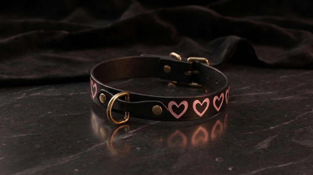 A black leather collar with a gold buckle and heart-shaped embellishments is displayed on a dark surface.