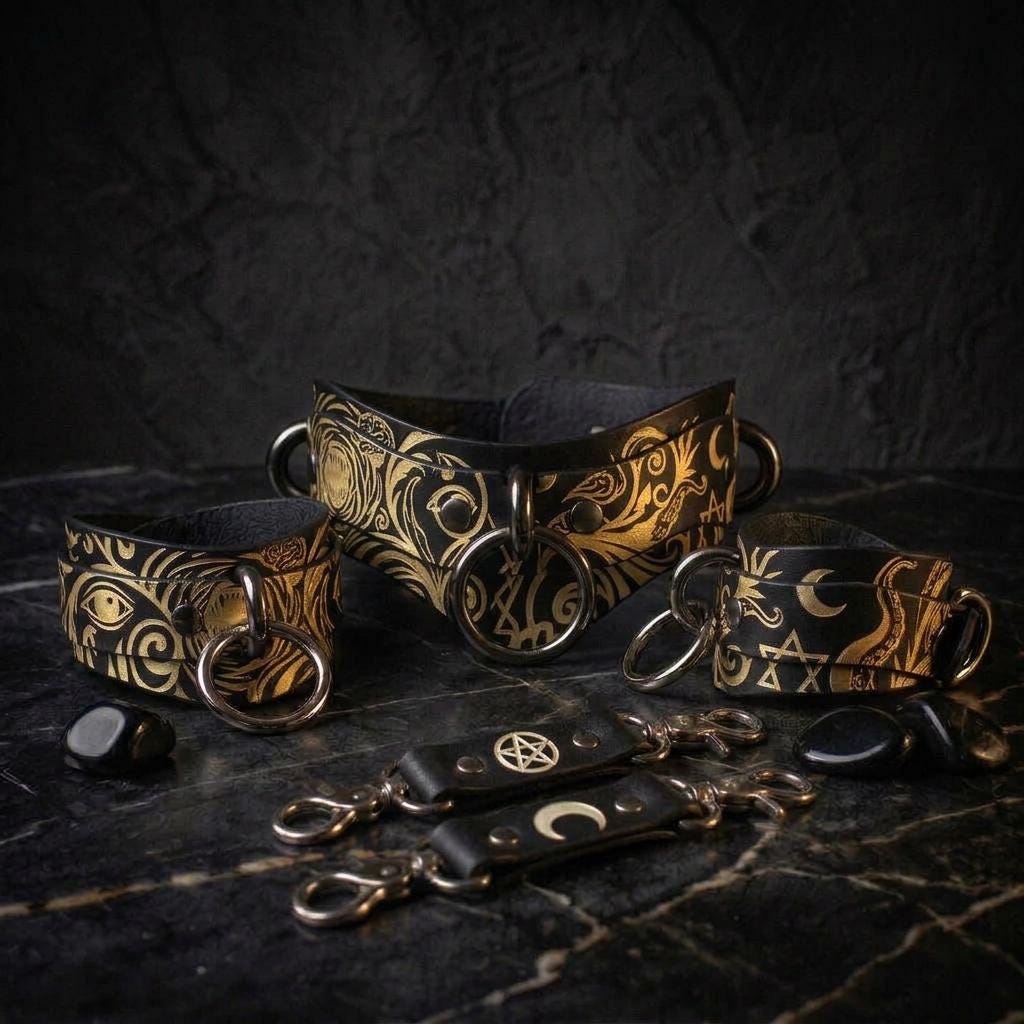 a collection of ornate leather accessories, including chaps and straps, with intricate designs and patterns.