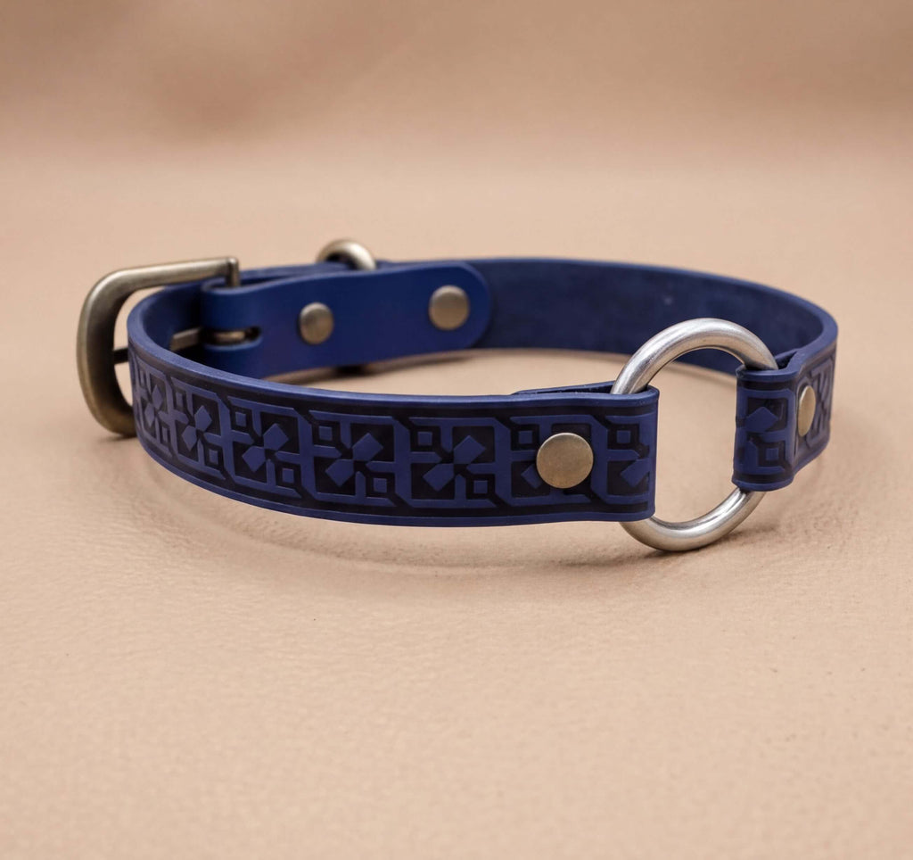 A blue leather dog collar with a metal ring and buckle.