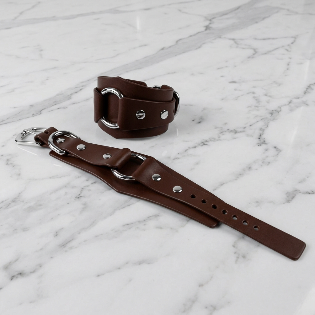 A brown leather strap with metal studs and a buckle is placed on a marble surface.