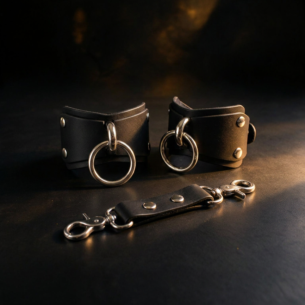 a pair of leather cuffs with metal rings and a leather strap with metal hooks, all placed on a dark surface.