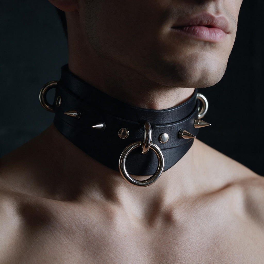 Handmade Leather Submissive Collar – Leather Spiked Strap Men Dom