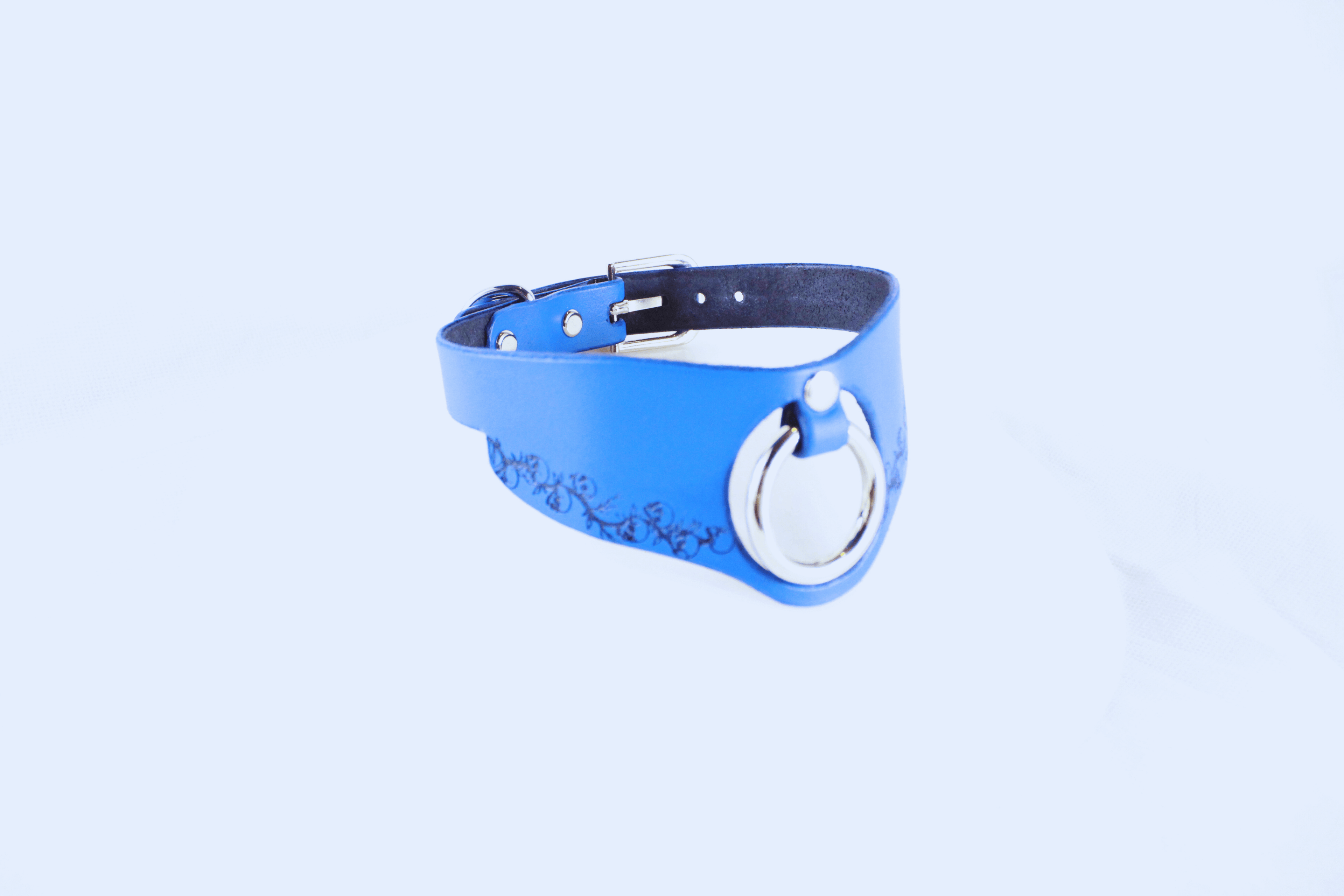 Blue Leather Submissive Collar with floral design, a discrete day choker for empowering and intimate wear.