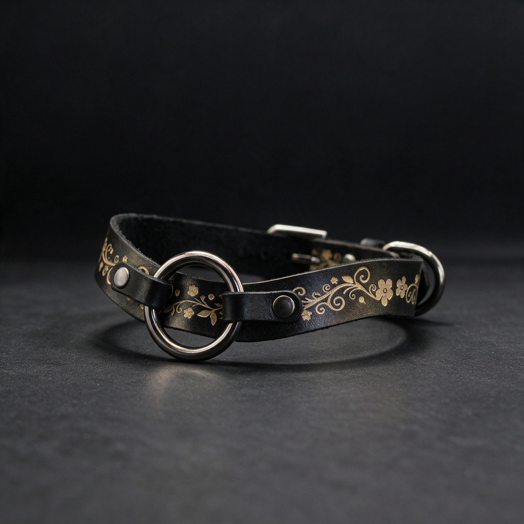 A black leather collar with a floral design and a circular metal ring on the front.