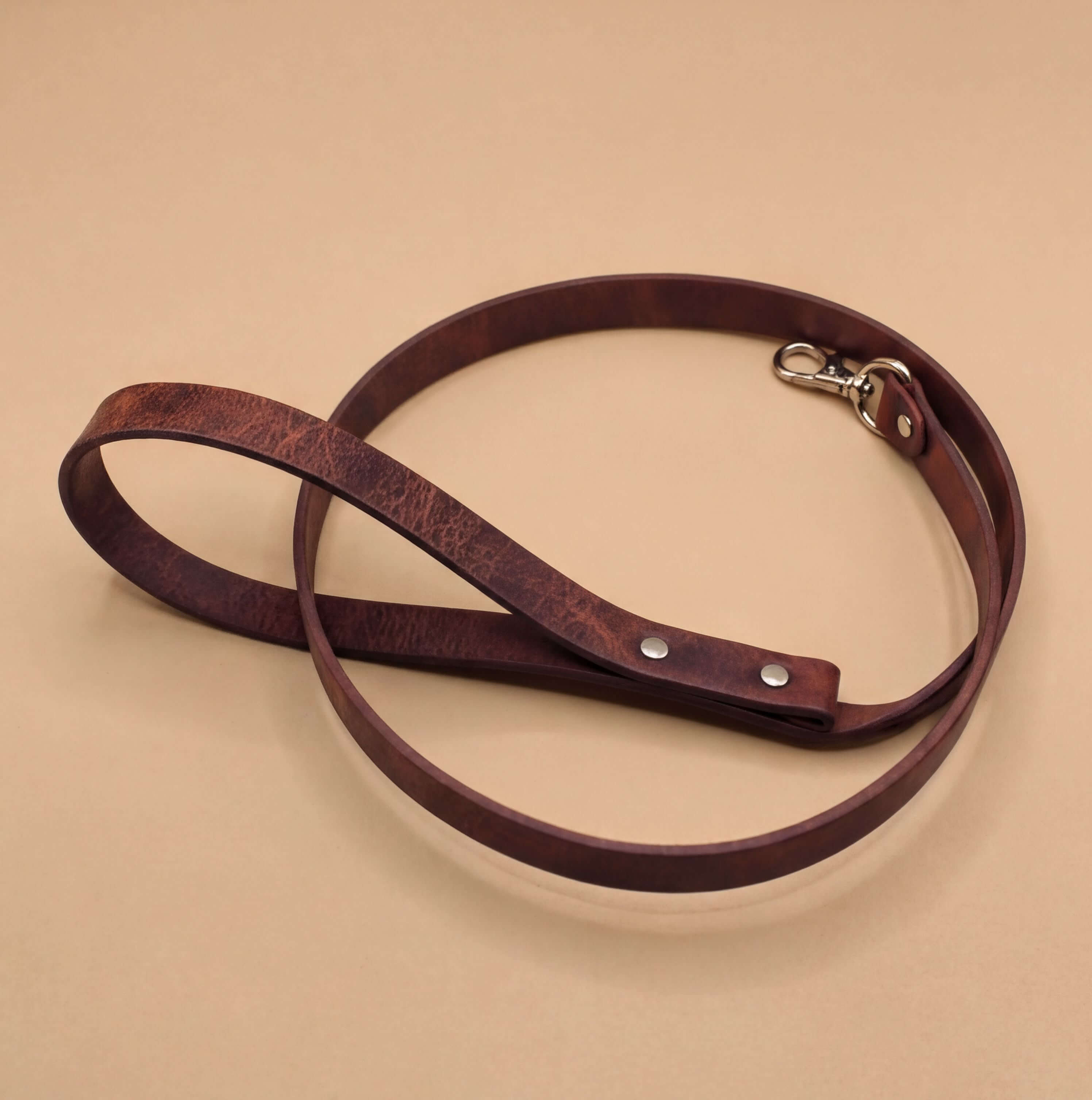 A brown leather dog leash with a metal clasp and buckle is shown on a beige background.