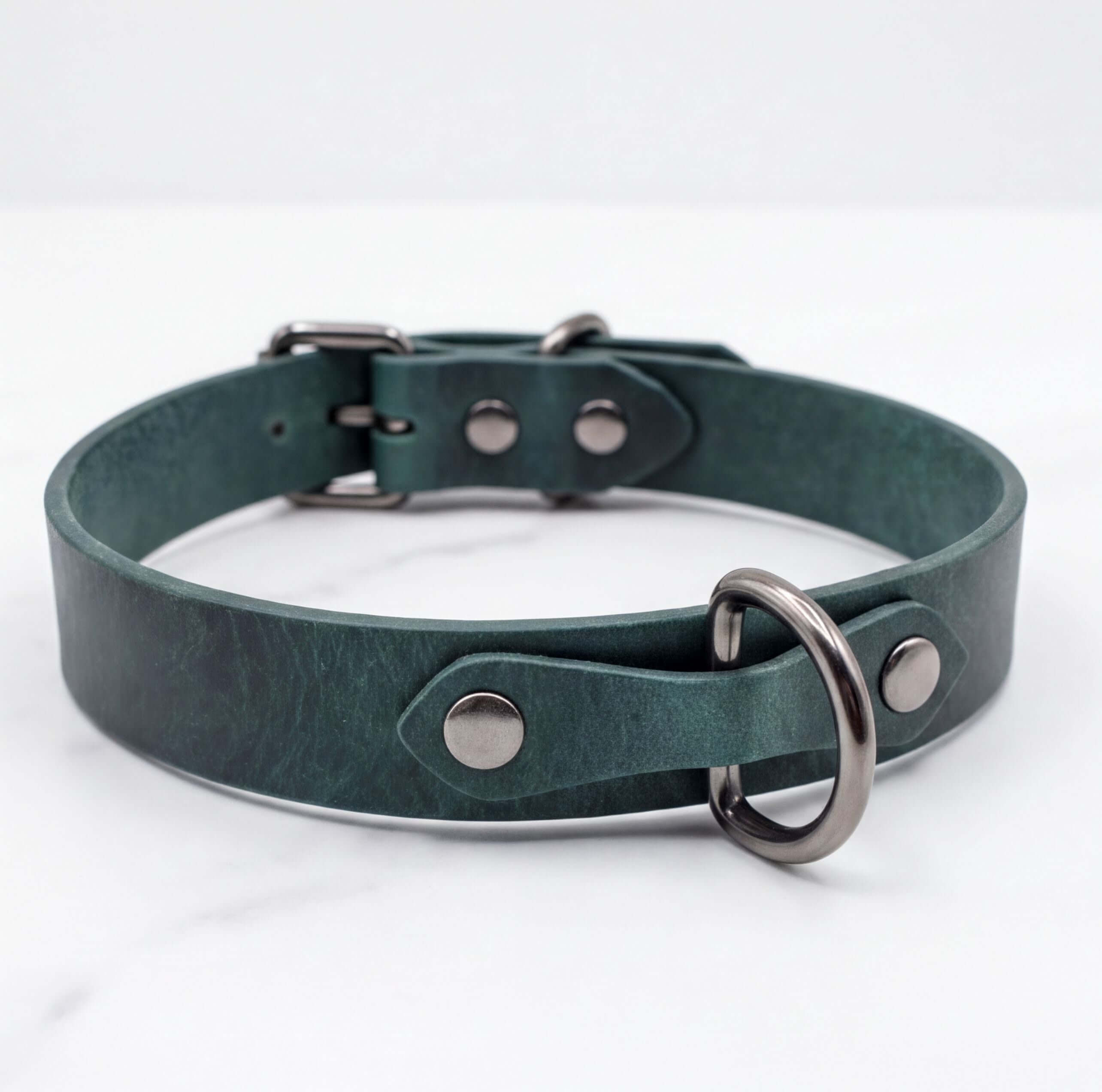 A dark green leather dog collar with metal hardware, including a buckle and two metal rings, is shown against a white background.