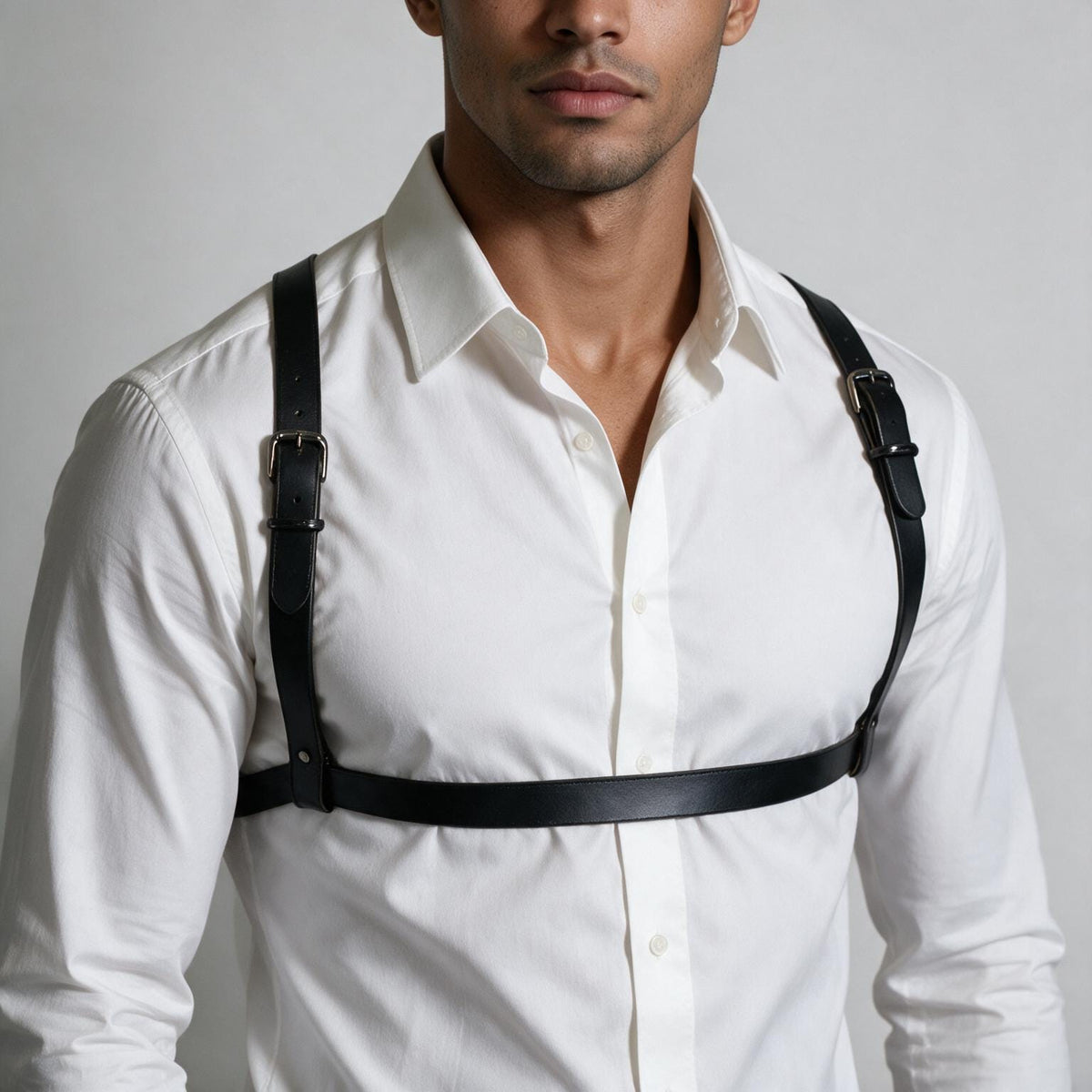 A man wearing a white dress shirt with a black leather harness strap across his chest.