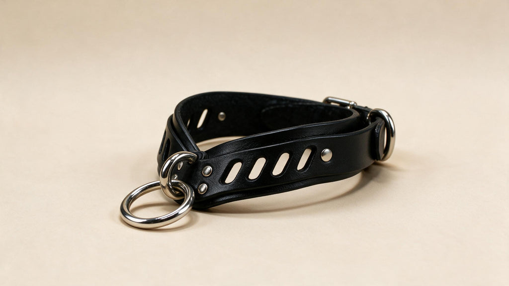 A black leather choker collar with metal rings and a buckle is shown against a light background.