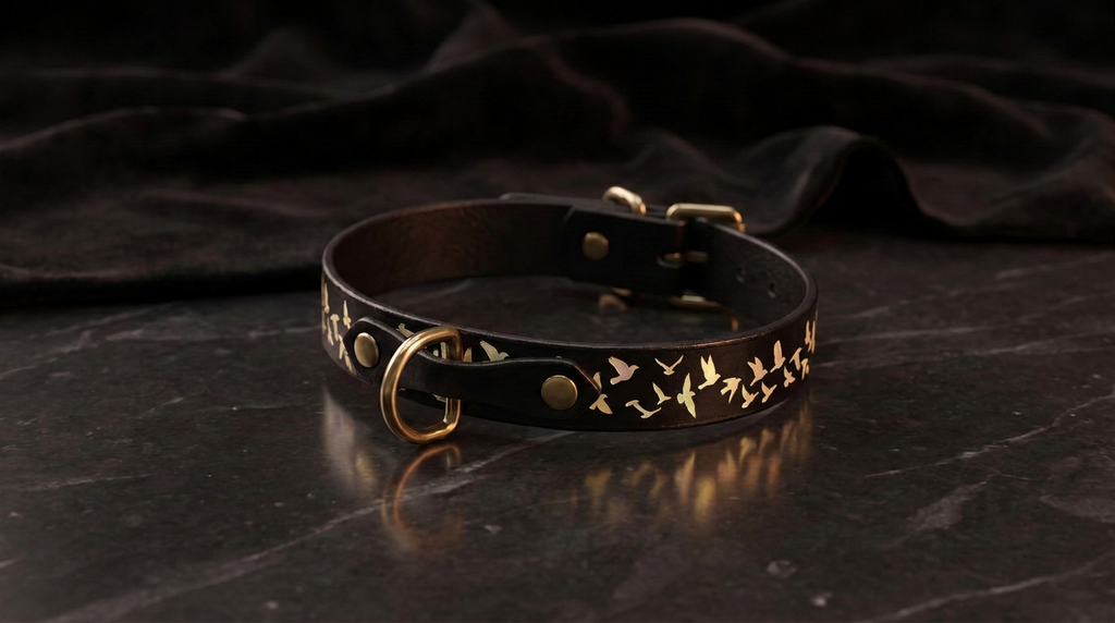 A black leather collar with gold bird designs on it, resting on a dark surface.
