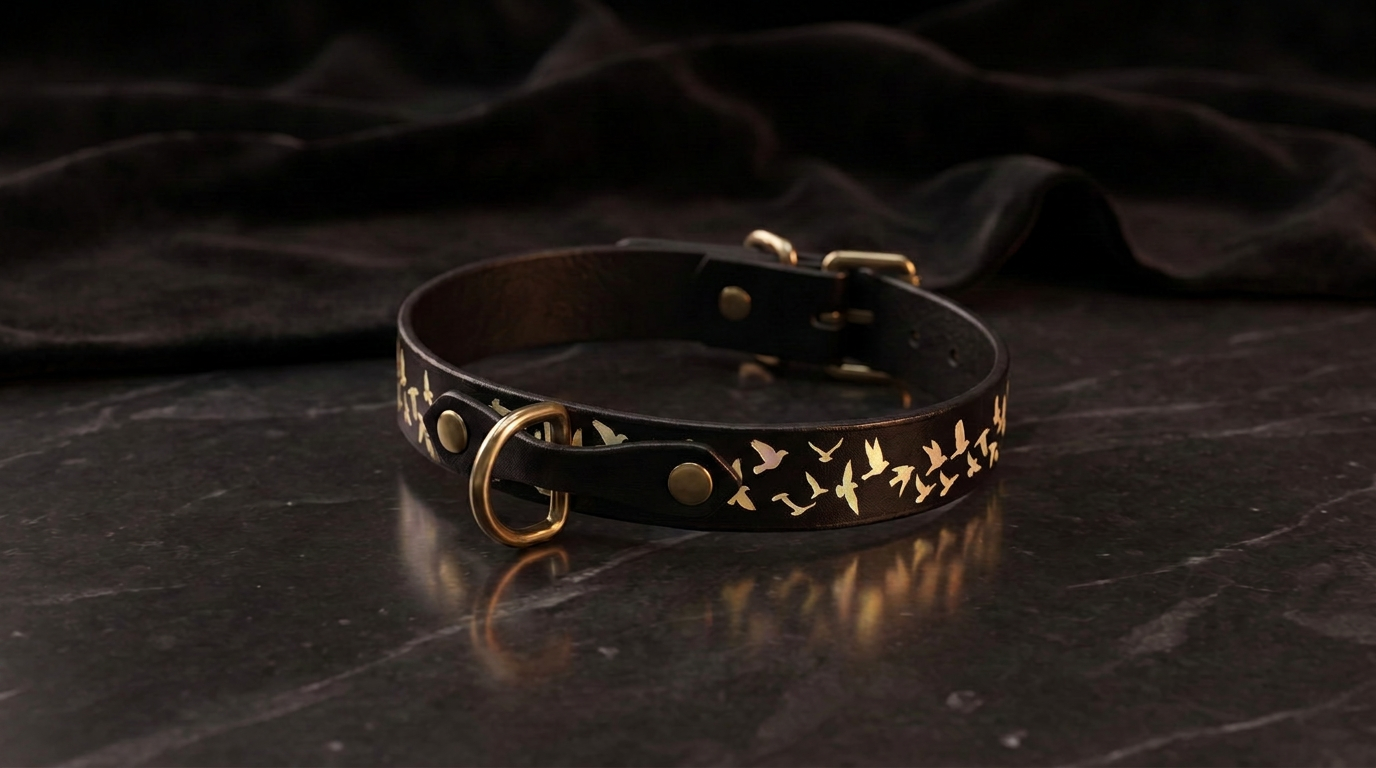 A black leather collar with gold bird designs on it, resting on a dark surface.