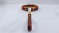 A brown leather collar with a gold-colored buckle and a handle attached to it, resting on a white surface.
