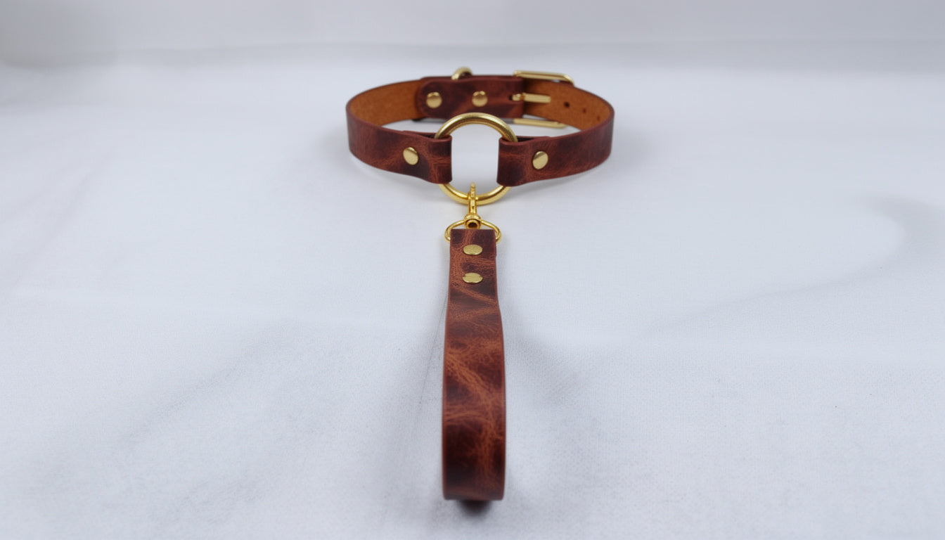 A brown leather collar with a gold-colored buckle and a handle attached to it, resting on a white surface.