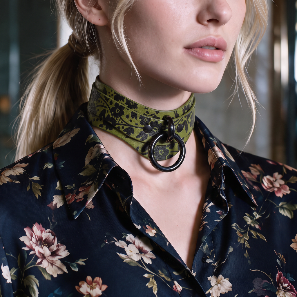A close-up of a woman's neck and chest wearing a choker necklace with a floral pattern and a black ring.
