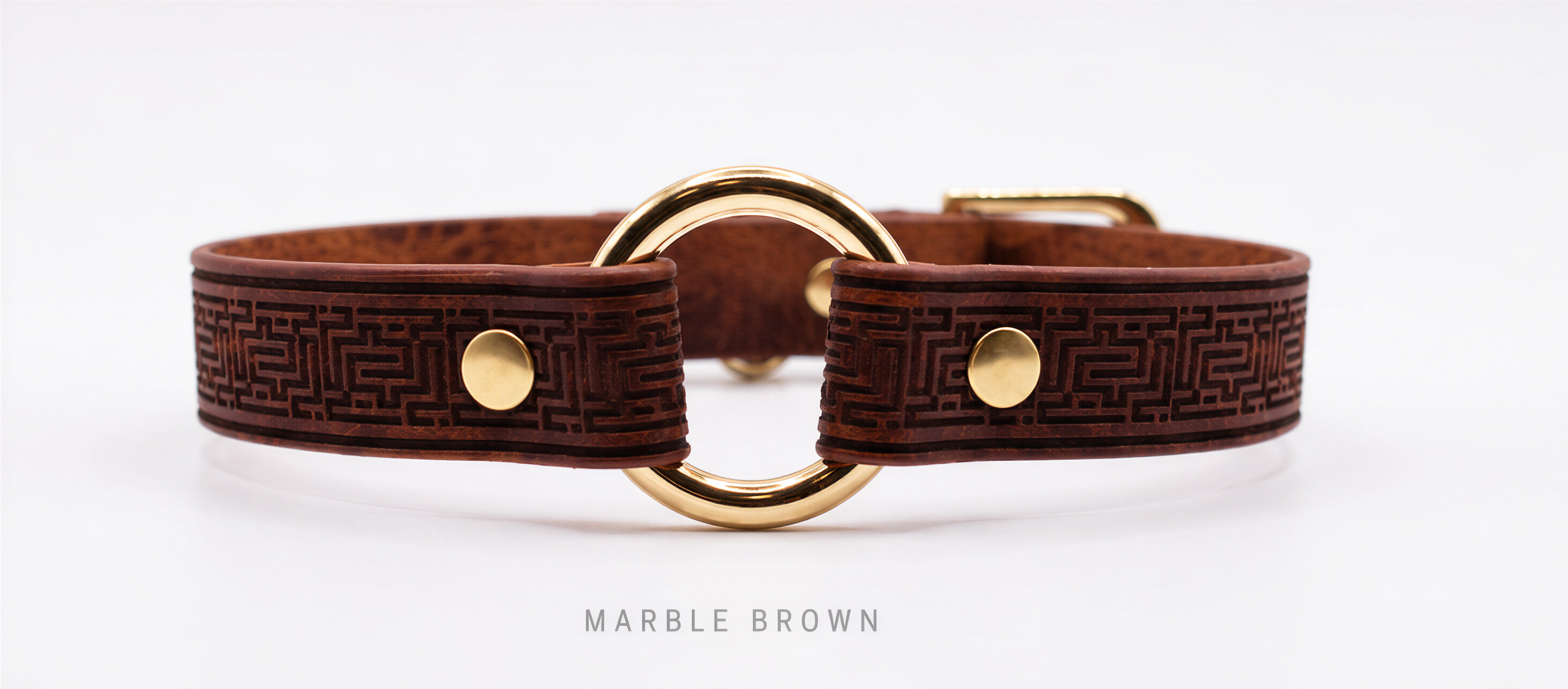 A brown leather collar with a gold-colored metal ring and two gold-colored metal studs.