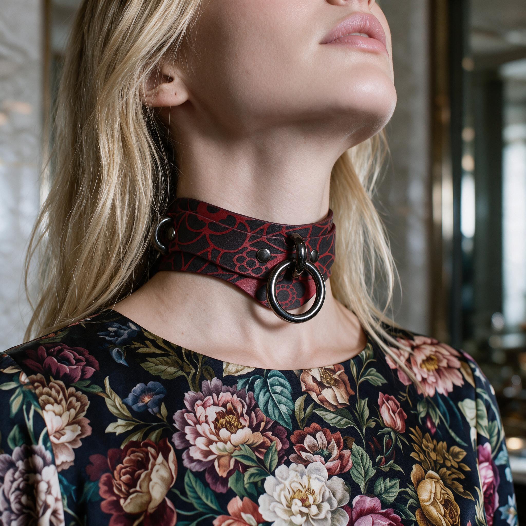 A woman wearing a red and black choker necklace with a floral pattern, posing with her eyes closed.
