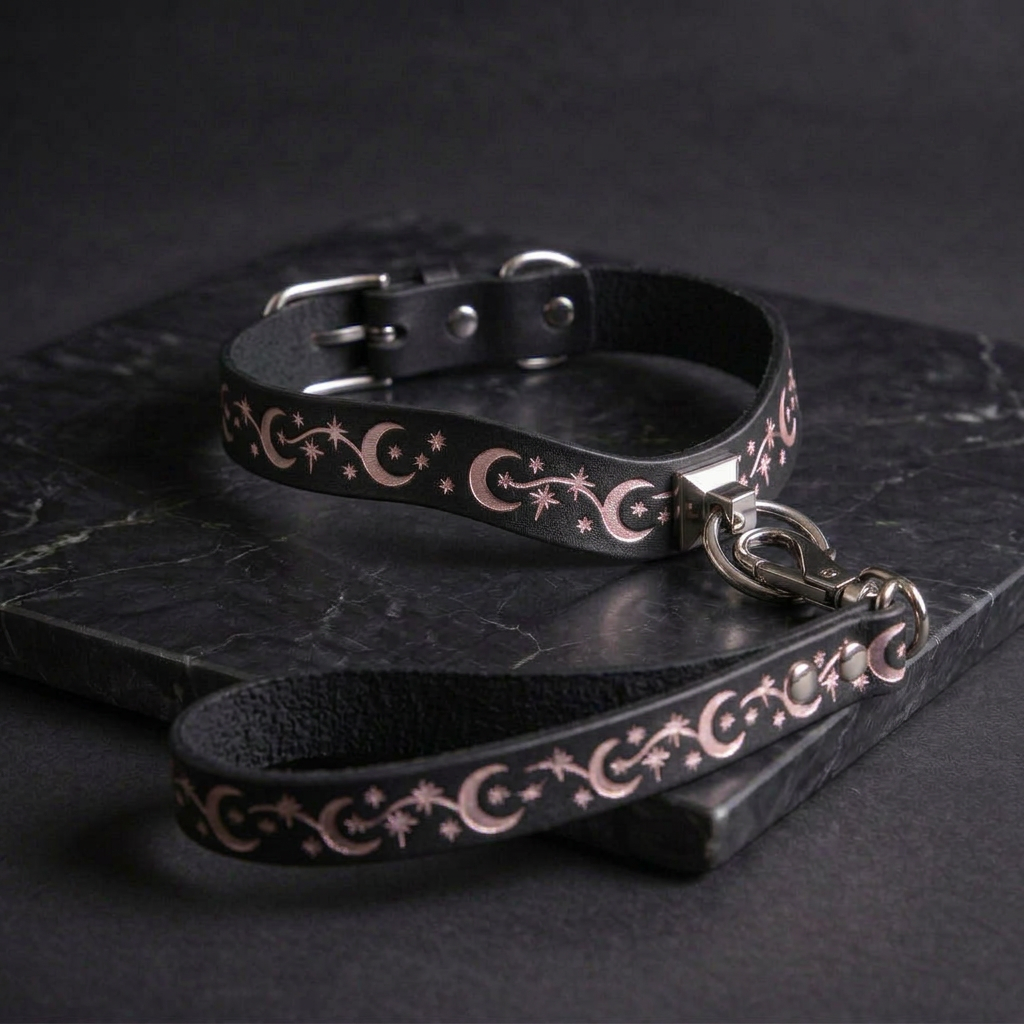 A black leather collar with a metallic buckle and a matching leash, both adorned with a decorative pattern of stars and crescent moons, resting on a dark surface.