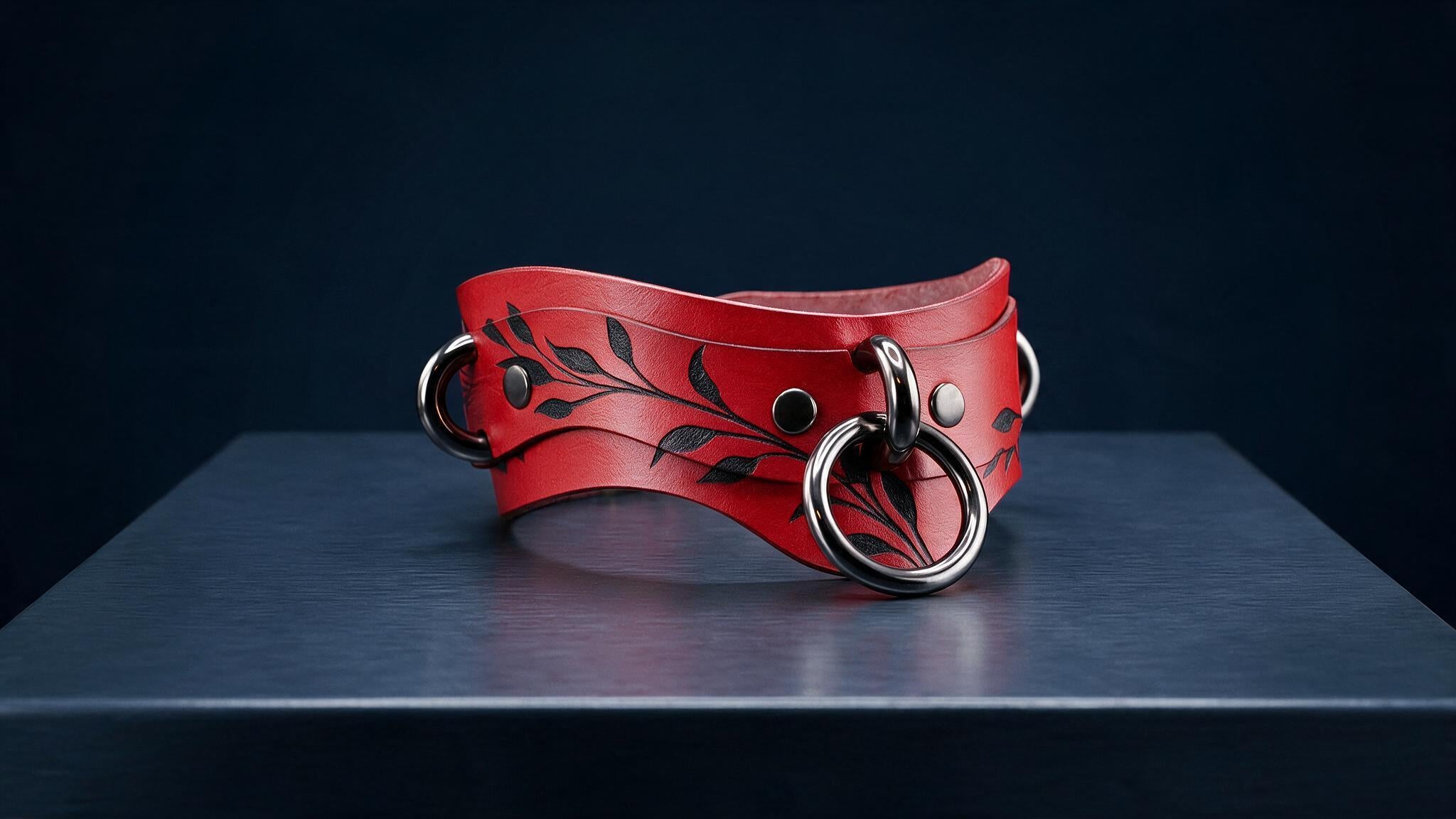 A red leather choker necklace with a leaf design and metal rings is displayed on a dark surface.