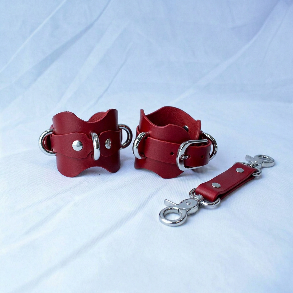 a pair of red leather cuffs with metal buckles and a metal clasp, arranged on a white background.