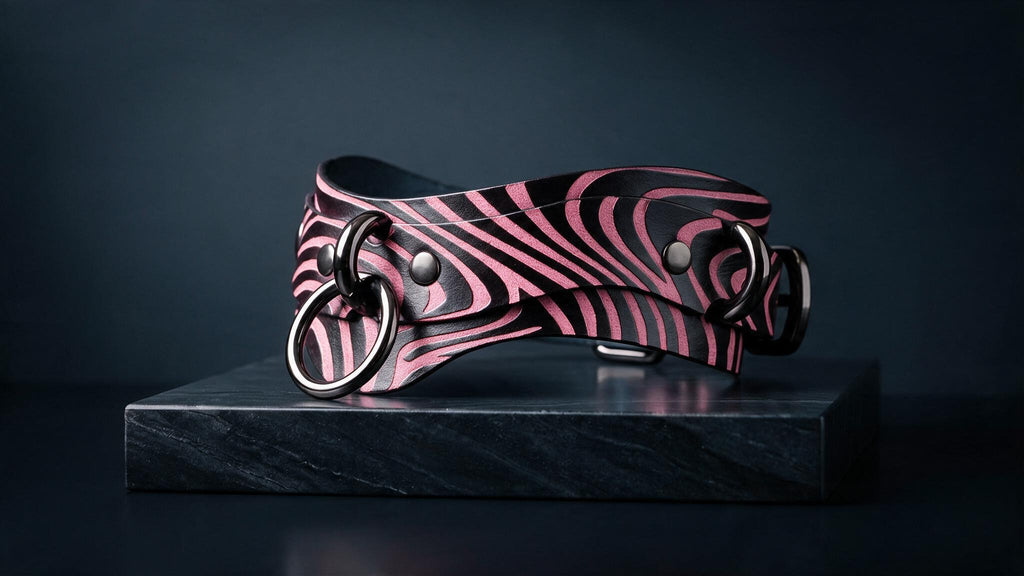 A zebra-striped leather collar with metal rings and buckles is displayed on a black surface against a dark background.