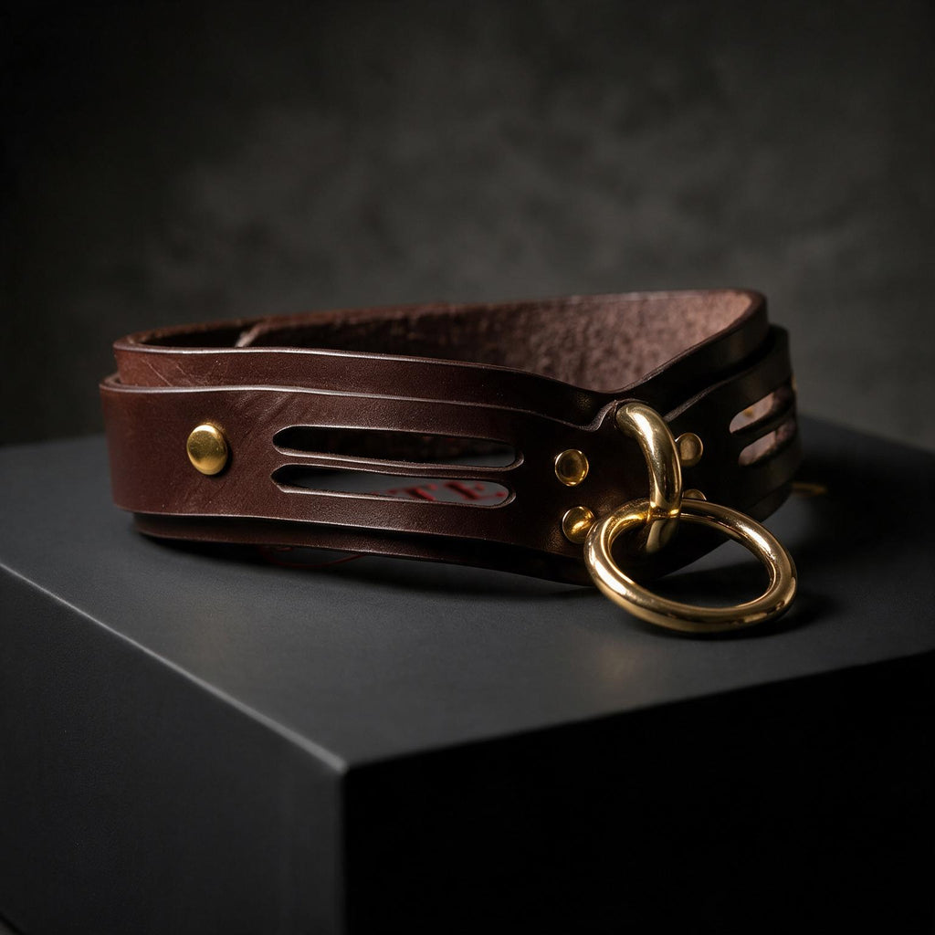 A brown leather choker necklace with a gold-colored metal ring and a gold-colored metal buckle is displayed on a black surface.