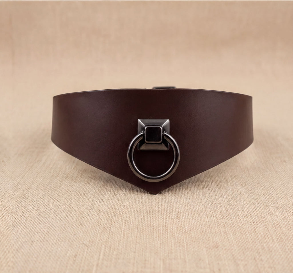 A brown leather choker necklace with a metal ring and a square-shaped metal piece on the front.