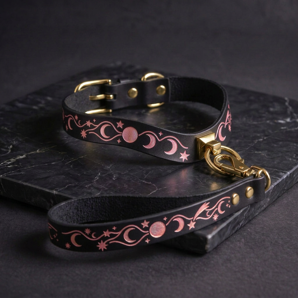 A black leather collar with a pink and white star and crescent design, and a matching leash, resting on a dark surface.