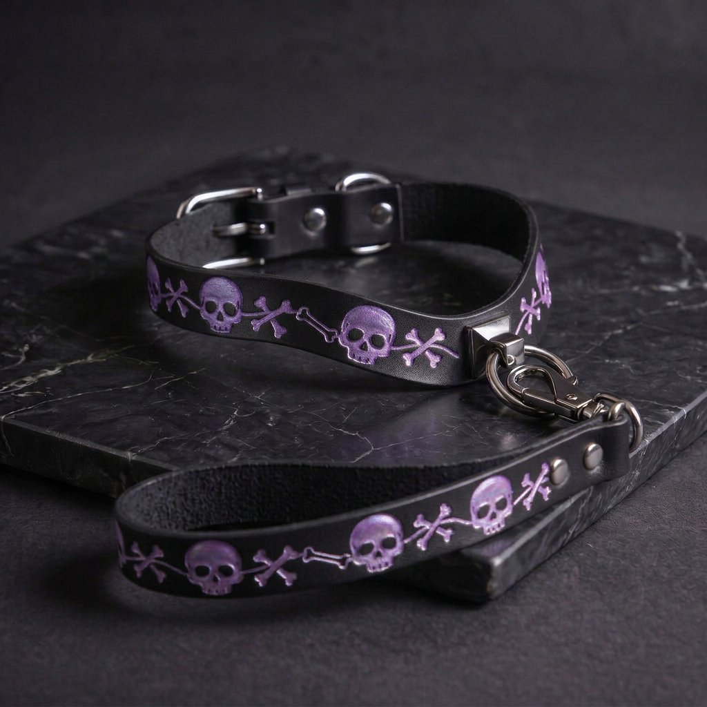 A black leather collar with a purple skull and crossbones pattern, and a matching leash attached to it, resting on a dark surface.