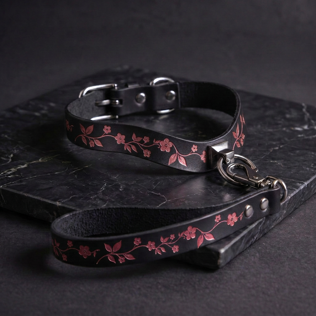 A black leather collar with a floral pattern and a matching leash is displayed on a dark surface.