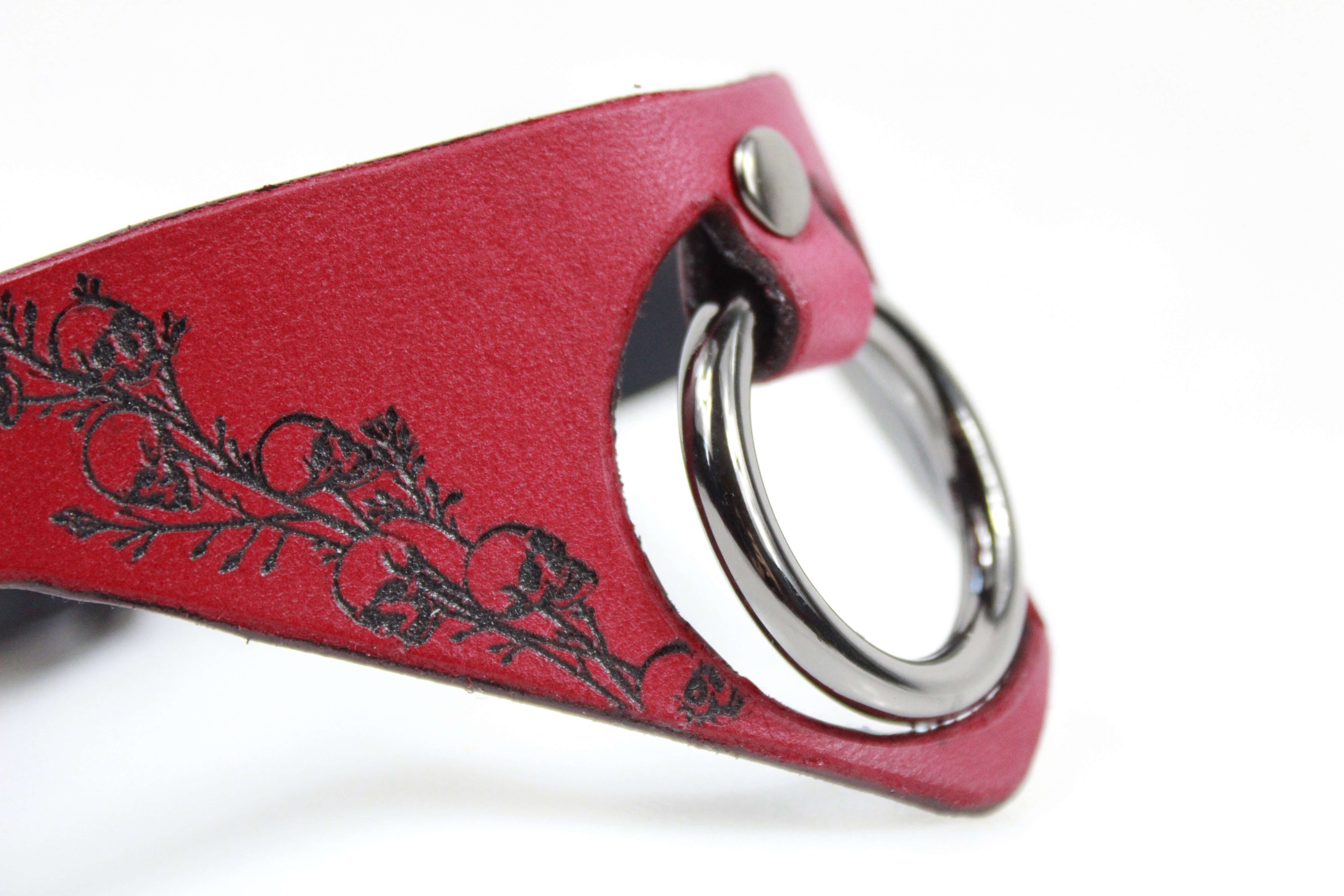 Gothic BDSM Collar featuring a bold O-Ring in durable red leather with intricate design.