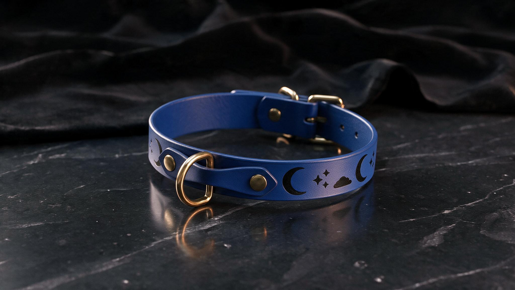 A blue leather collar with a moon and star design sits on a dark surface.