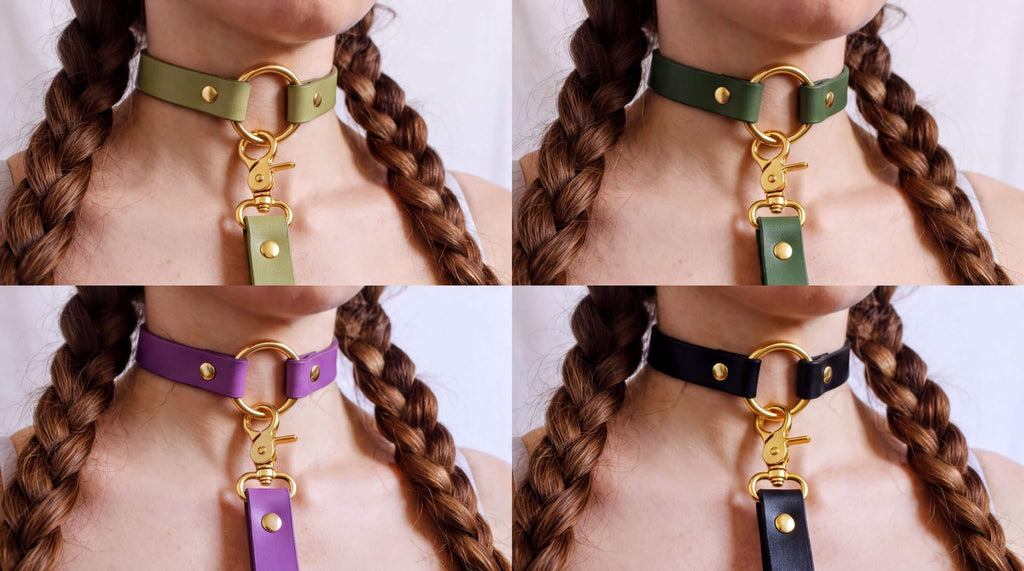 The image is a collage of four close-up photos of a person's neck with different colored leather choker necklaces.