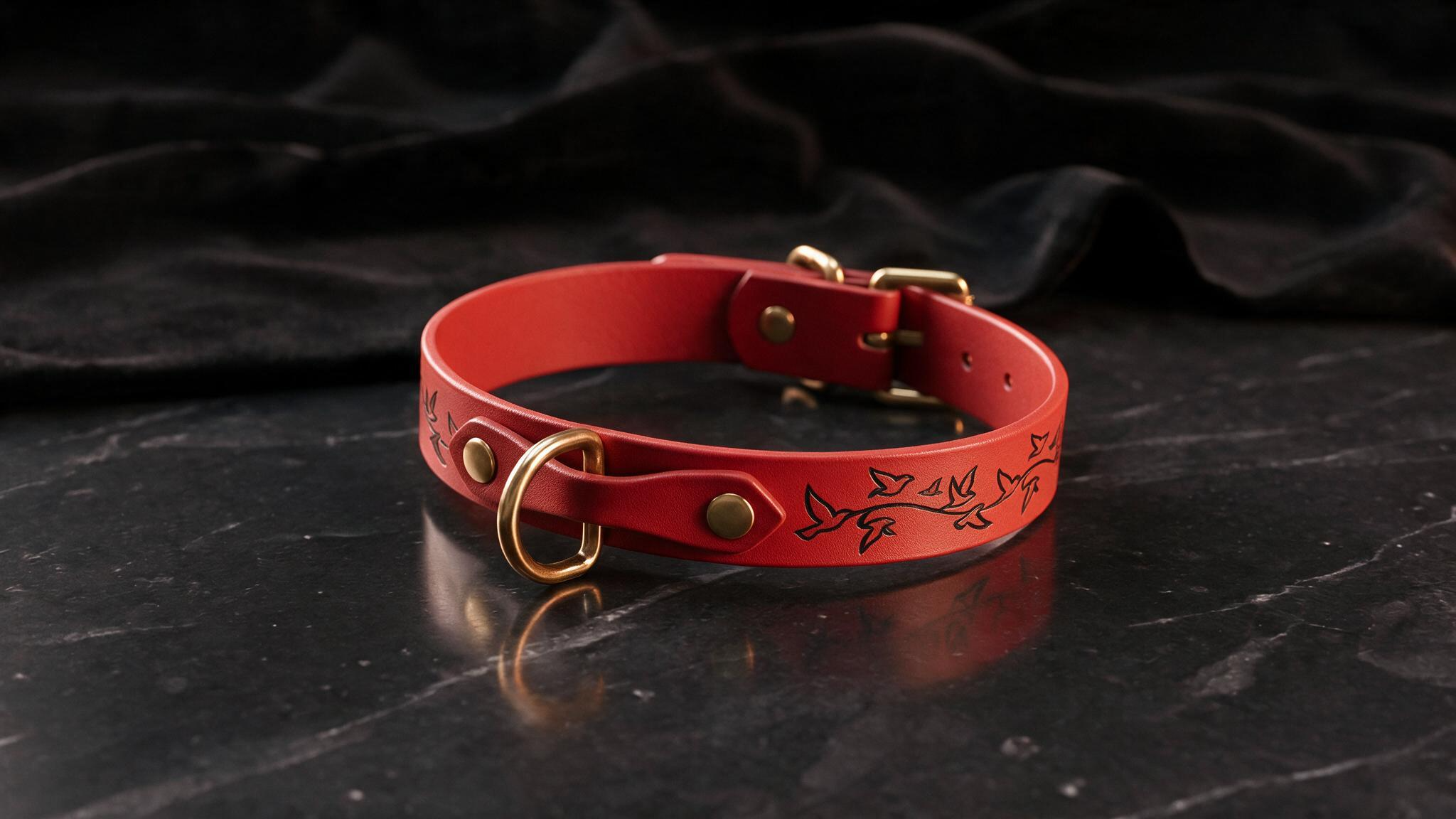 A red leather collar with a gold buckle and a black bird design on the side, resting on a black marble surface.
