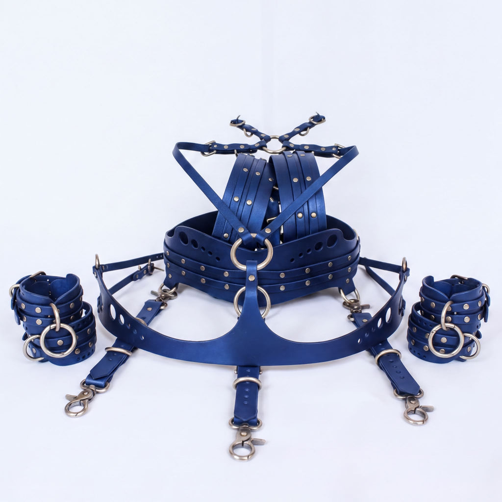 A collection of blue leather straps and buckles, including a headpiece and wrist cuffs, arranged on a white background.