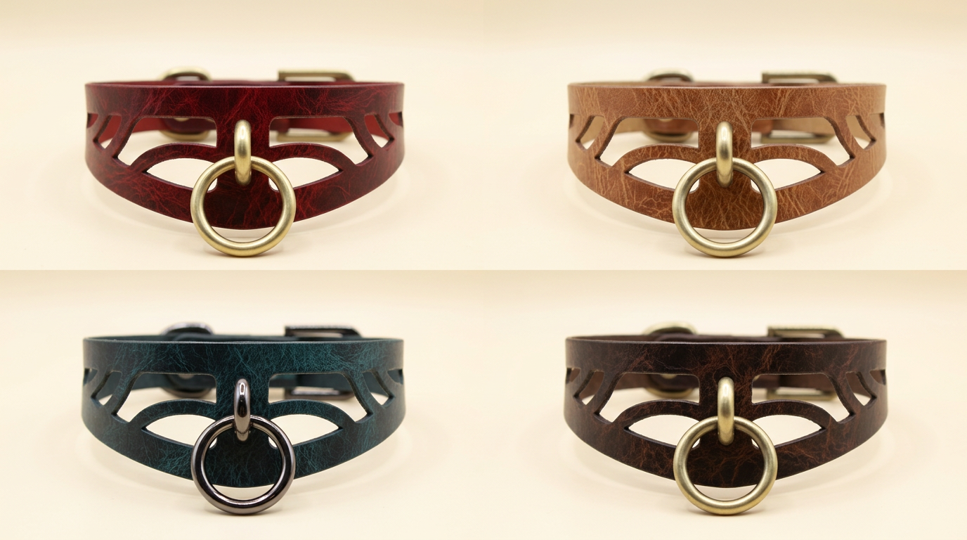 four leather choker necklaces with metal rings, each in a different color: burgundy, brown, teal, and black.