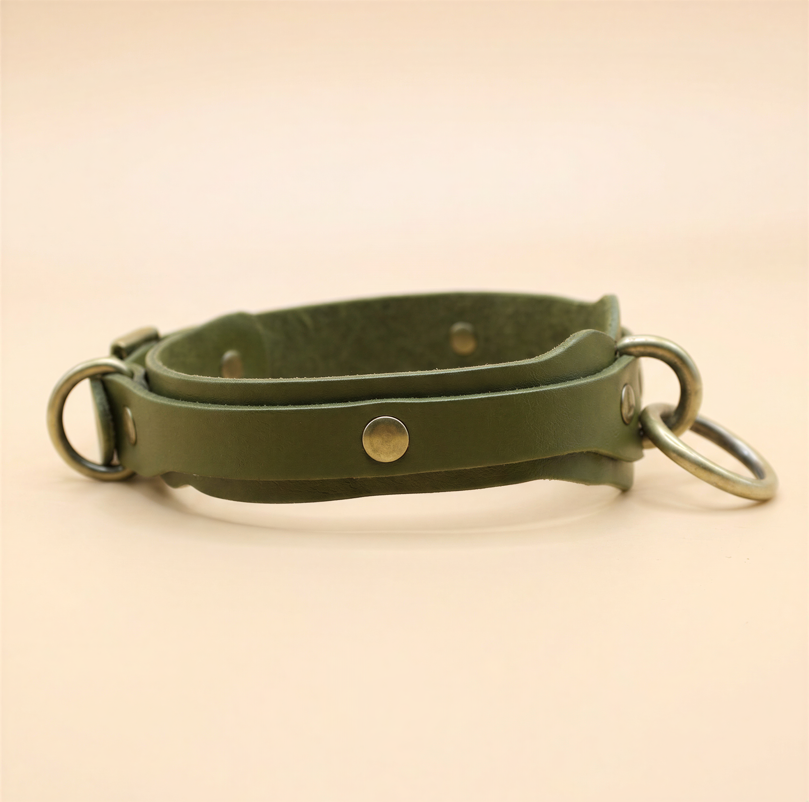 A green leather collar with metal rings and buckles.