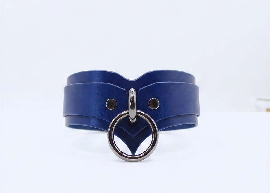 A blue leather choker necklace with a silver metal ring and buckle.