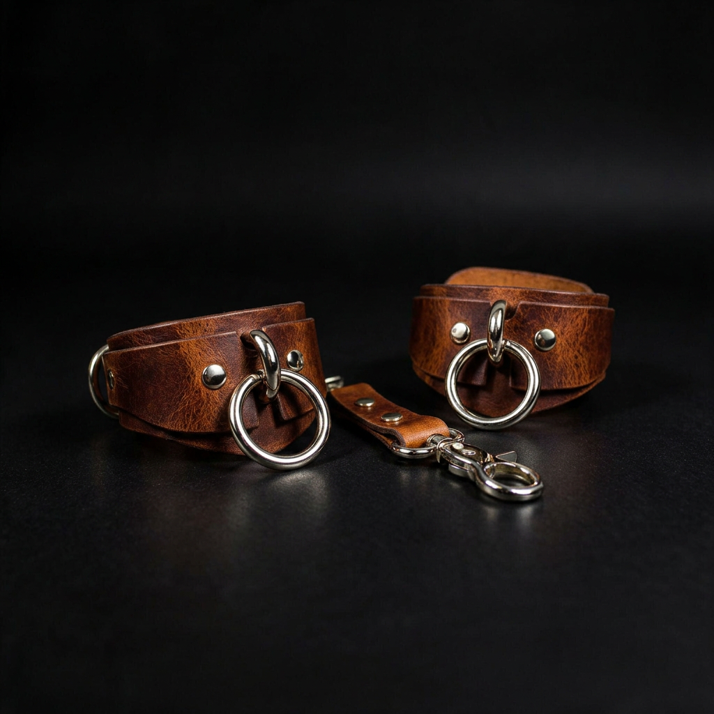a pair of leather straps with metal rings and a metal attachment, placed on a black background.