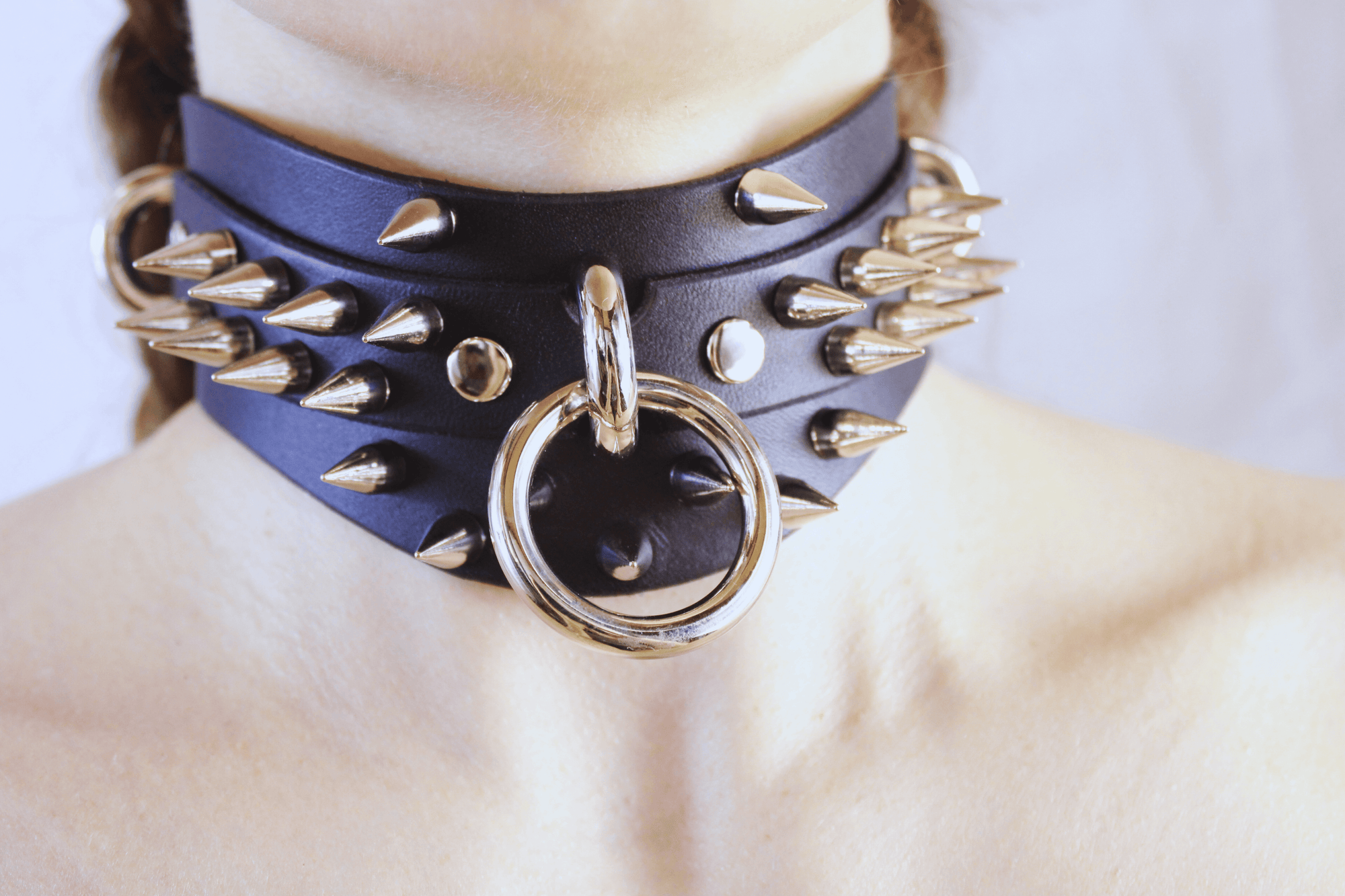 Spiked Posture BDSM Collar featuring spikes and O-rings, perfect for gothic submissive styling and bold expressions.