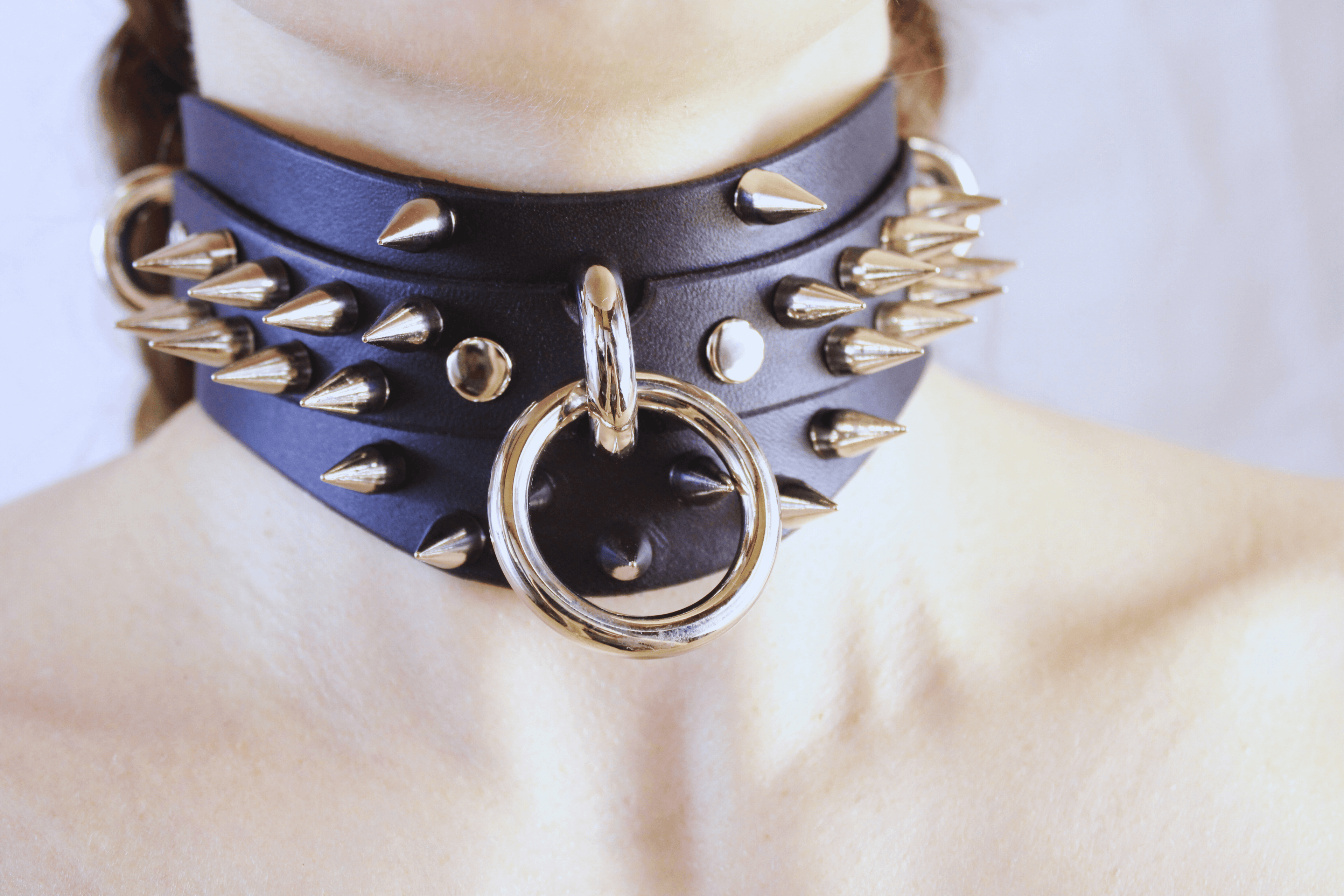 Spiked Posture BDSM Collar featuring spikes and O-rings, perfect for gothic submissive styling and bold expressions.