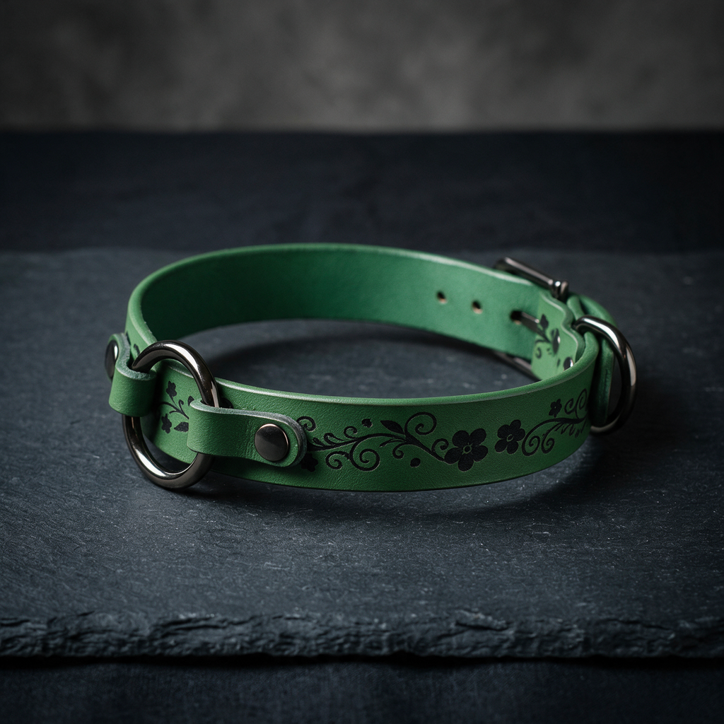 A green leather collar with a floral design on it, resting on a dark surface.