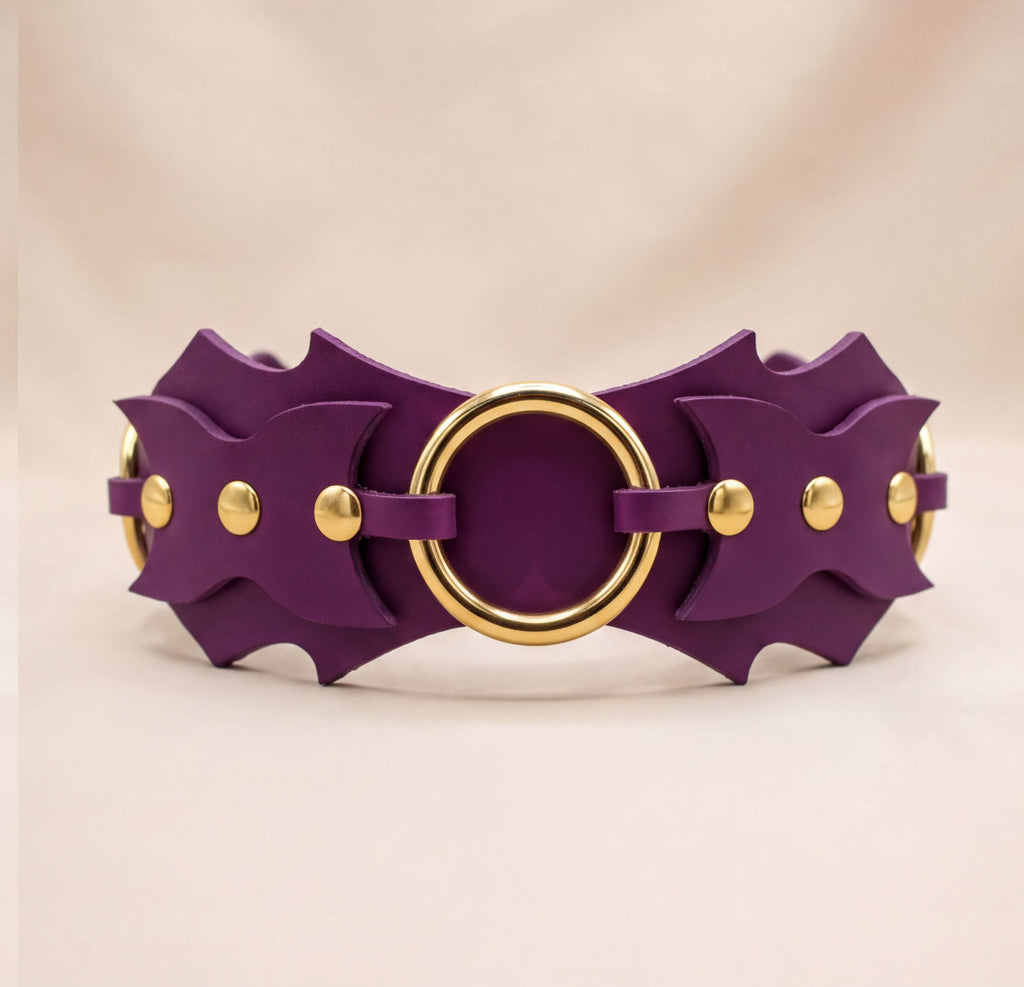A purple leather collar with gold-colored metal rings and a circular clasp.