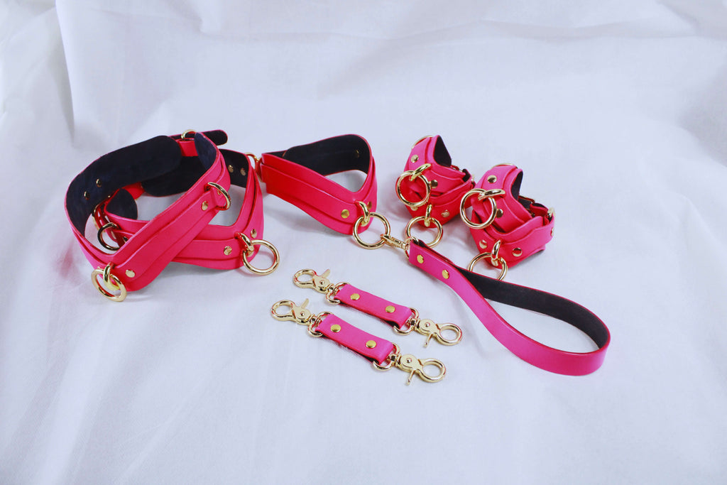 Pink bondage gear set featuring a collar, cuffs, leash, and connectors for BDSM play and submission.