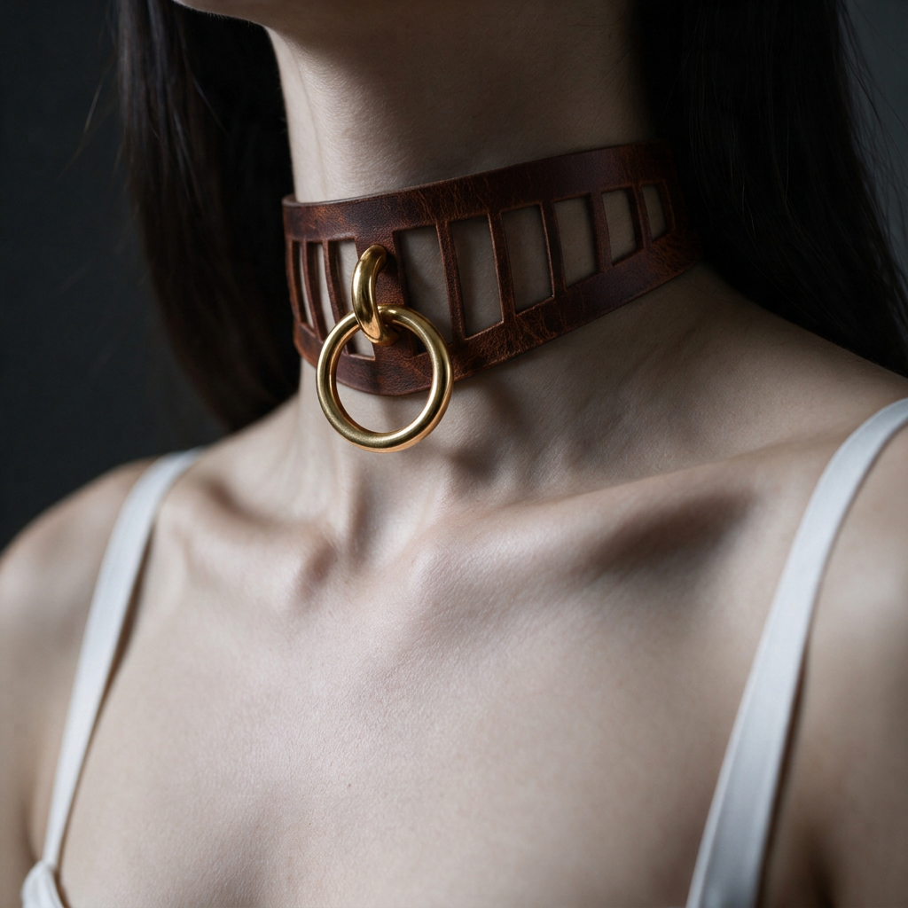 A close-up of a woman's neck and chest area, featuring a choker-style leather collar with a gold ring.
