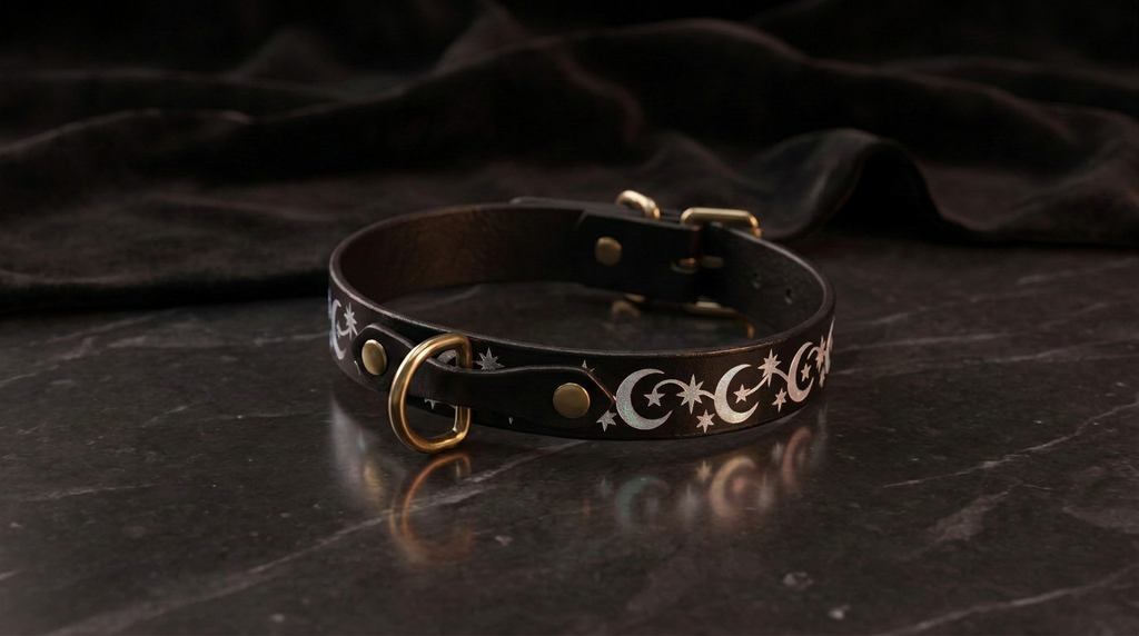A black leather collar with a silver star and crescent design on it, resting on a dark surface.