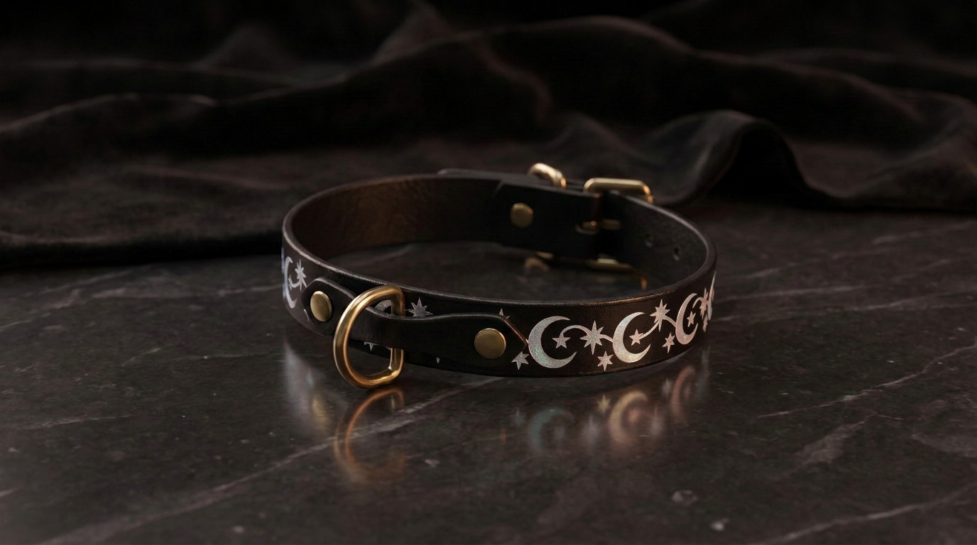 A black leather collar with a silver star and crescent design on it, resting on a dark surface.